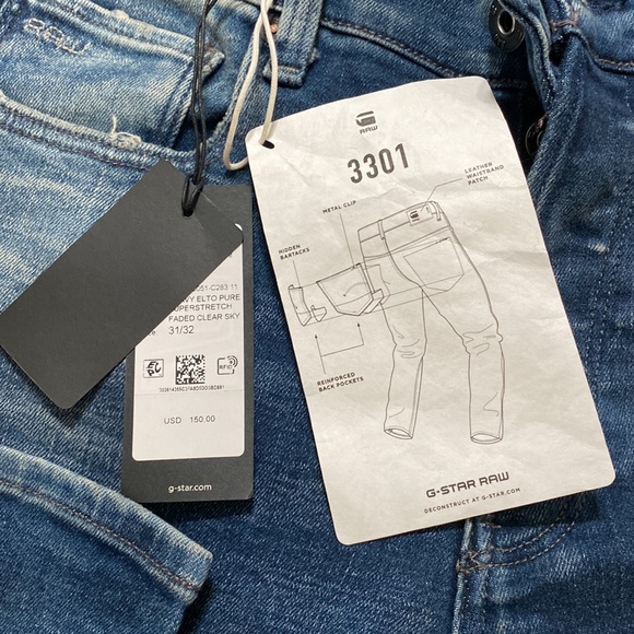 NWT G Star 3301 Slim faded clear sky size 31x32 original price marked $ 150 - Picture 7 of 15